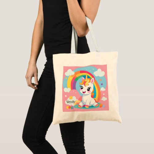Girls Cute Unicorn Rainbow Custom Name Tote Bag
