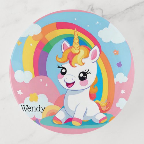 Girls Cute Unicorn Rainbow Custom Name Trinket Tray