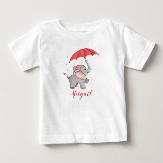 Girls Cute Watercolor Elephant Custom Name Baby T-Shirt (Front)