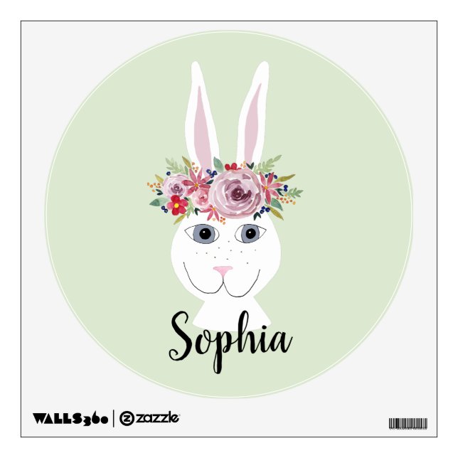 Girls Cute Watercolor Floral Bunny Rabbit and Name Wall Decal (Front)