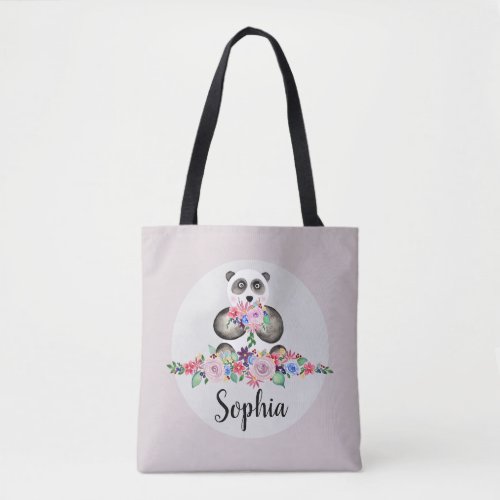 Girls Cute Watercolor Flowers Panda Bear Kids Tote Bag