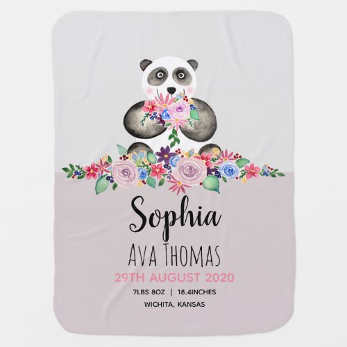 Girls Cute Watercolor Flowers Panda Birth Stats Baby Blanket