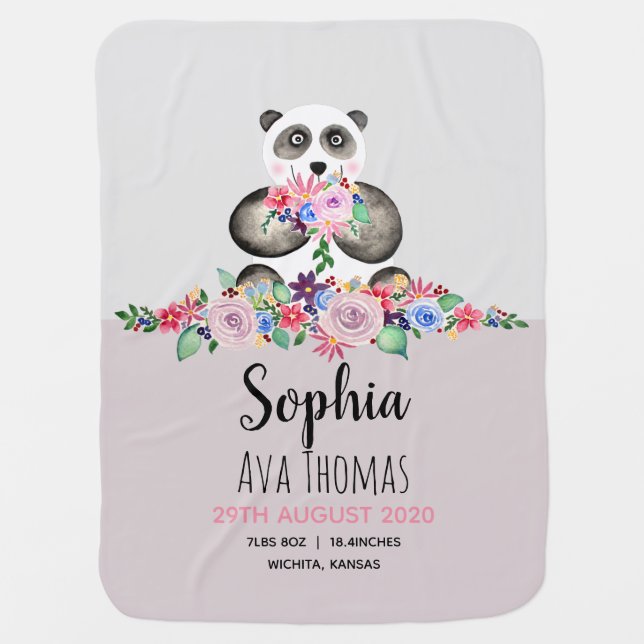 Girls Cute Watercolor Flowers Panda Birth Stats Baby Blanket (Front)