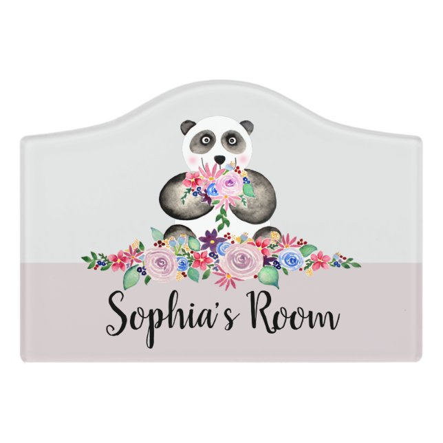 Girls Cute Watercolor Flowers Panda Kids Nursery Door Sign (Small Crest Front)