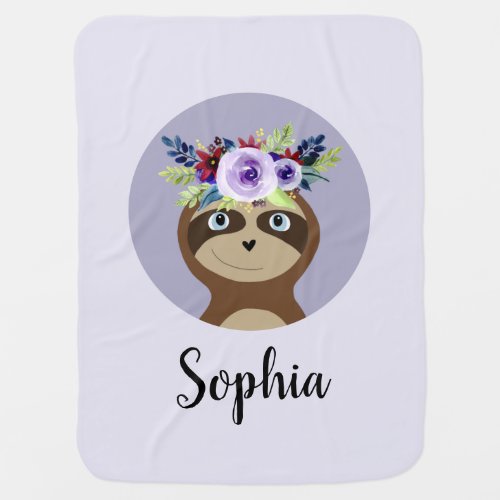 Girls Cute Watercolor Flowers Sloth and Name Baby Blanket