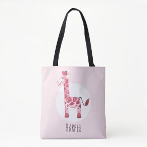 Girl's Cute Watercolor Giraffe Safari Name Tote Bag
