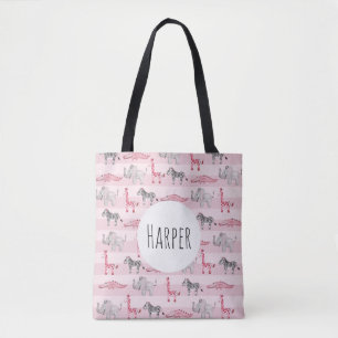 Girl's Cute Watercolor Jungle Safari Pattern Name Tote Bag