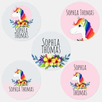 Girls Cute Watercolor Rainbow Unicorn And Name Kids' Labels by Simply_Baby at Zazzle