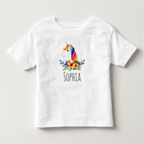 Girls Cute Watercolor Rainbow Unicorn and Name Toddler T_shirt