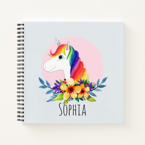 Girls Cute Watercolor Rainbow Unicorn  Name Kids Notebook