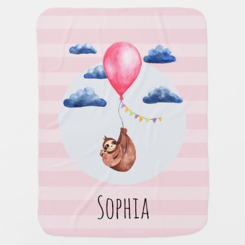 Girls Cute Watercolor Sloth Animal and Name Baby Blanket