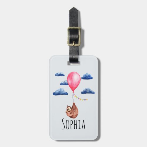 Girls Cute Watercolor Sloth Animal and Name Kids Luggage Tag