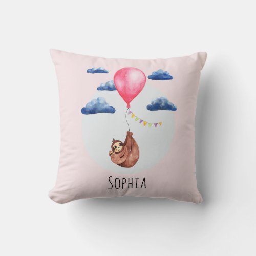 Girls Cute Watercolor Sloth Animal and Name Kids Throw Pillow