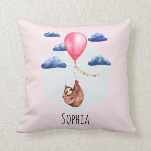 Girls Cute Watercolor Sloth Animal and Name Kids Throw Pillow