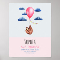 Girls Cute Watercolor Sloth Baby Nursery Poster