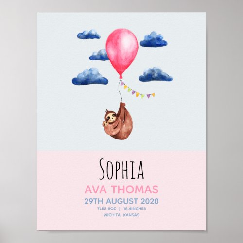 Girls Cute Watercolor Sloth Baby Nursery Poster