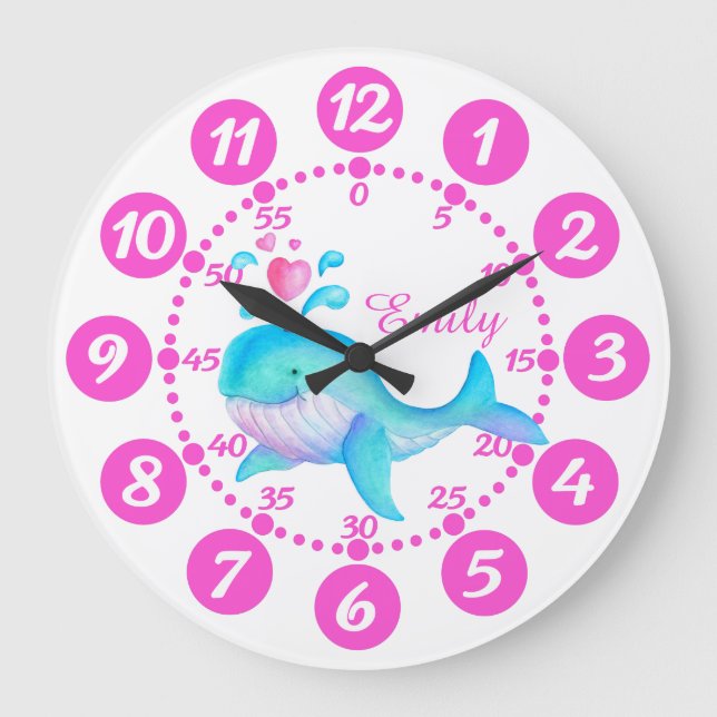 Girls cute whale spurting art pink white clock (Front)