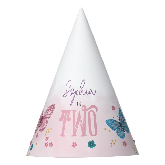 Girls Cute Whimsical Butterfly Birthday Party Hat (Front)