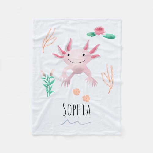Girls Cute  Whimsical Happy Pink Axolotl Kids Fleece Blanket