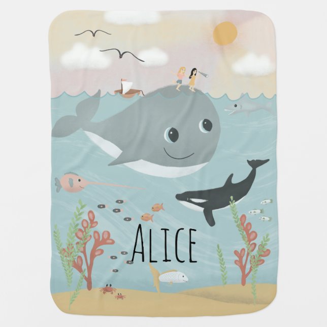 Girls Cute Whimsical Ocean Orca and Whale Baby Bla Baby Blanket (Front)