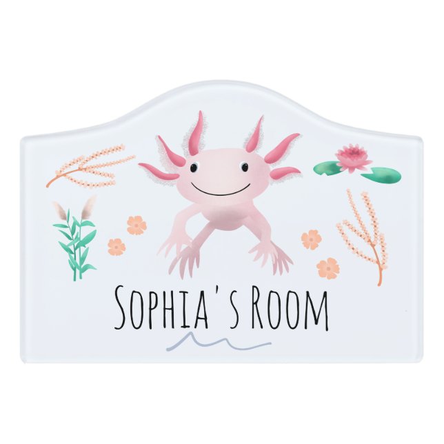 Girls Cute Whimsical Pink Axolotl Kids Nursery Door Sign (Small Crest Front)