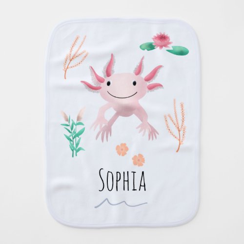 Girls Cute  Whimsical Pink Axolotl with Name Baby Burp Cloth