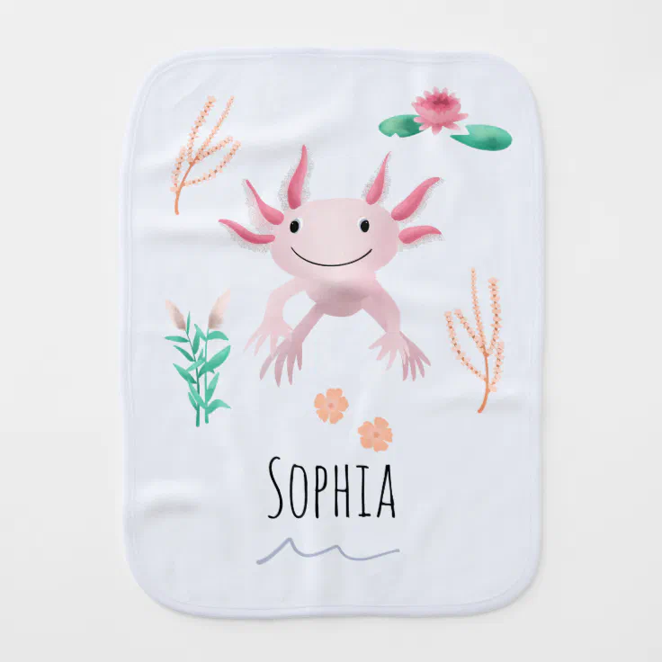 Girls Cute Whimsical Pink Axolotl With Name Baby Burp Cloth Zazzle