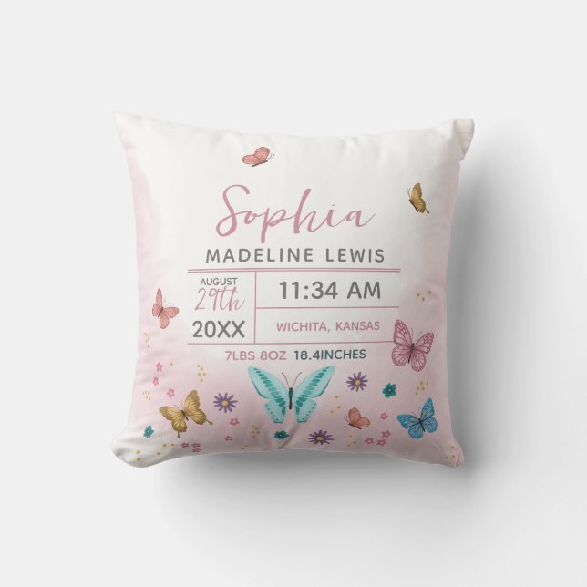 Girls Cute Whimsical Pink Butterfly Birth Stats Throw Pillow (Front)
