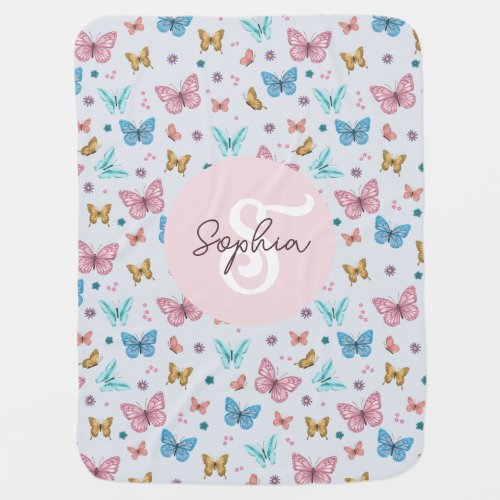 Girls Cute Whimsical Pink Butterfly Monogram Baby Blanket