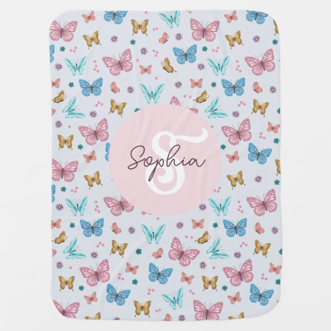 Girls Cute Whimsical Pink Butterfly Monogram Baby Blanket (Front)