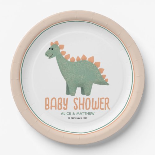 Girls Cute Whimsical Pink Dinosaur Baby Shower Paper Plates