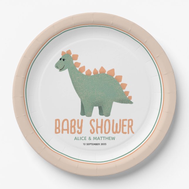 Girls Cute Whimsical Pink Dinosaur Baby Shower Paper Plates (Front)