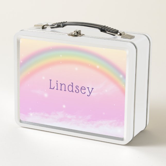 Girls Cute Whimsical Pink Rainbow Kids Metal Lunch Box (Front)
