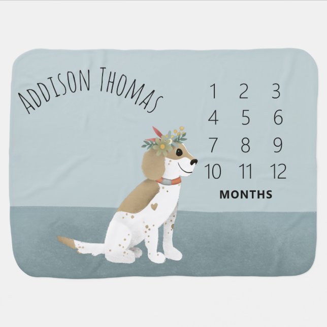 Girls Cute Whimsical Puppy Dog Flowers Milestone Baby Blanket (Horizontal)