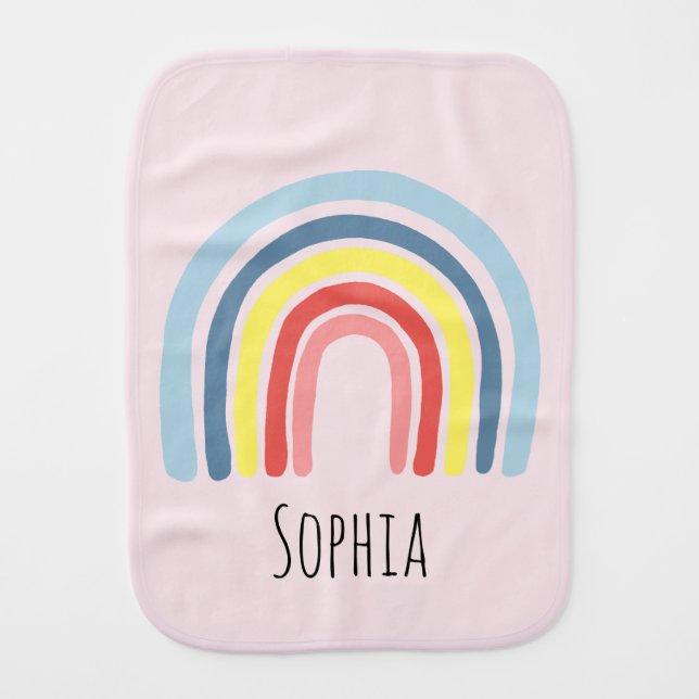 Girls Cute Whimsical Rainbow Cartoon and Name Baby Burp Cloth (Front)