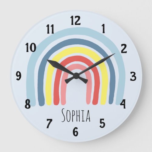 Girls Cute Whimsical Rainbow Cartoon and Name Kids Large Clock