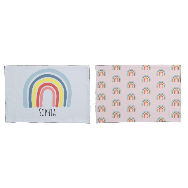 Girls Cute Whimsical Rainbow Cartoon and Name Kids Pillow Case (Front-Set)