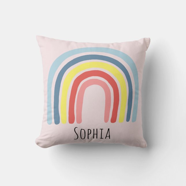 Girls Cute Whimsical Rainbow Cartoon and Name Kids Throw Pillow (Front)