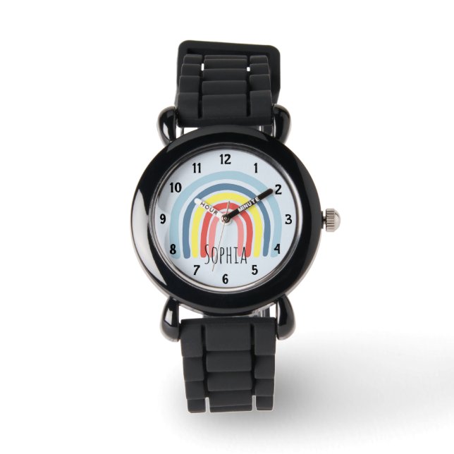 Girls Cute Whimsical Rainbow Cartoon and Name Kids Watch (Front)