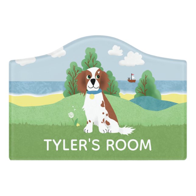 Girls Cute Whimsical Springer Spaniel Dog Kids Door Sign (Small Crest Front)