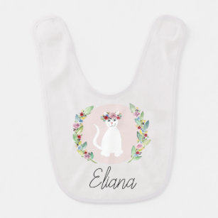 Girls Cute White Cat with Flowers and Name Baby Bib