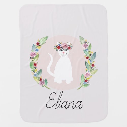 Girls Cute White Cat with Flowers and Name Baby Blanket