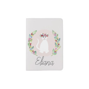 Girls Cute White Cat with Flowers and Name Kids Passport Holder