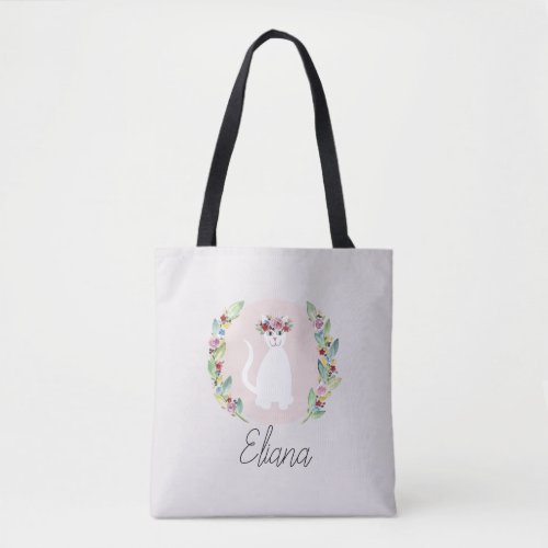 Girls Cute White Cat with Flowers and Name Kids Tote Bag
