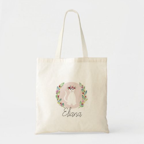 Girls Cute White Cat with Flowers and Name Kids Tote Bag