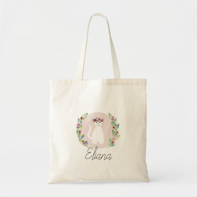 Girls Cute White Cat with Flowers and Name Kids Tote Bag (Front)