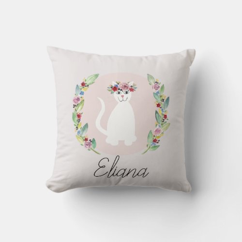 Girls Cute White Cat with Flowers and Name Throw Pillow