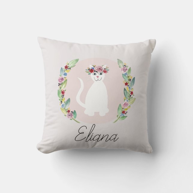 Girls Cute White Cat with Flowers and Name Throw Pillow (Front)