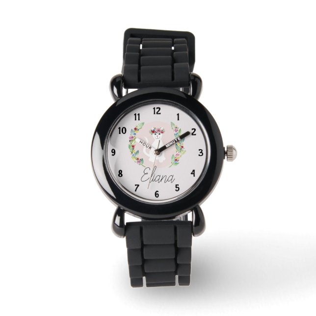 Girls Cute White Cat with Flowers & Name Kids Watch (Front)