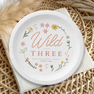 Girls Cute Wild and Three Wildflower 3rd Birthday Paper Plates